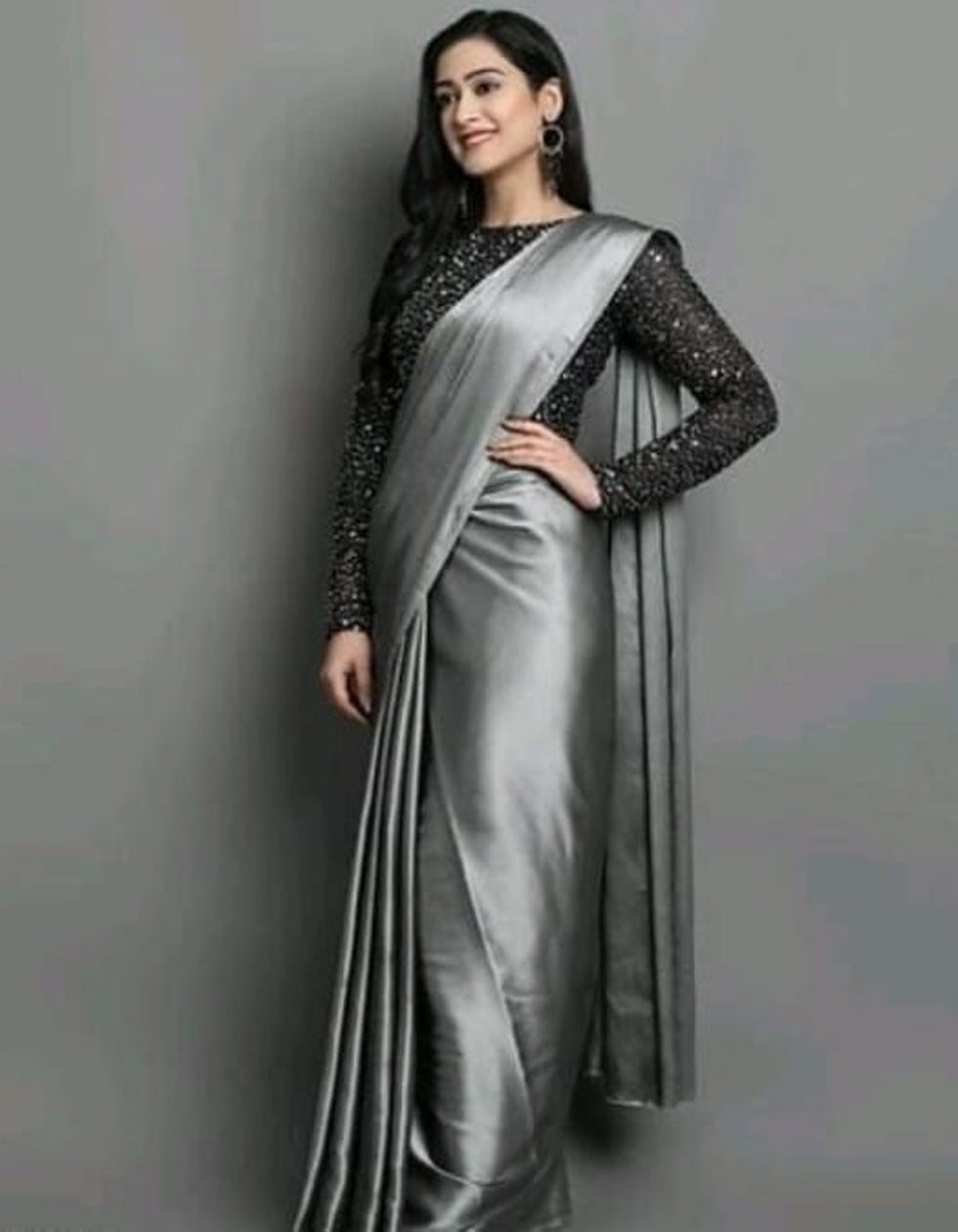 Grey Satin Saree With Designer Blouse