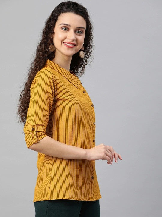 Striped Roll-Up Sleeves Shirt Style Top