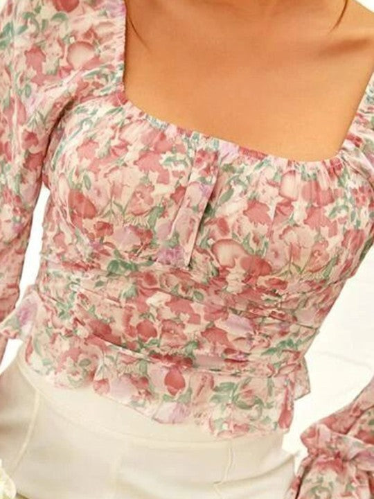 Floral Printed Square Neck Ruffled Sleeve Top