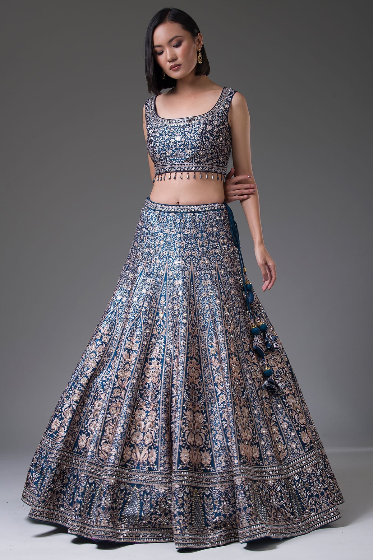 Prussian Blue Stone Embroidered Silk Bridesmaid Lehenga