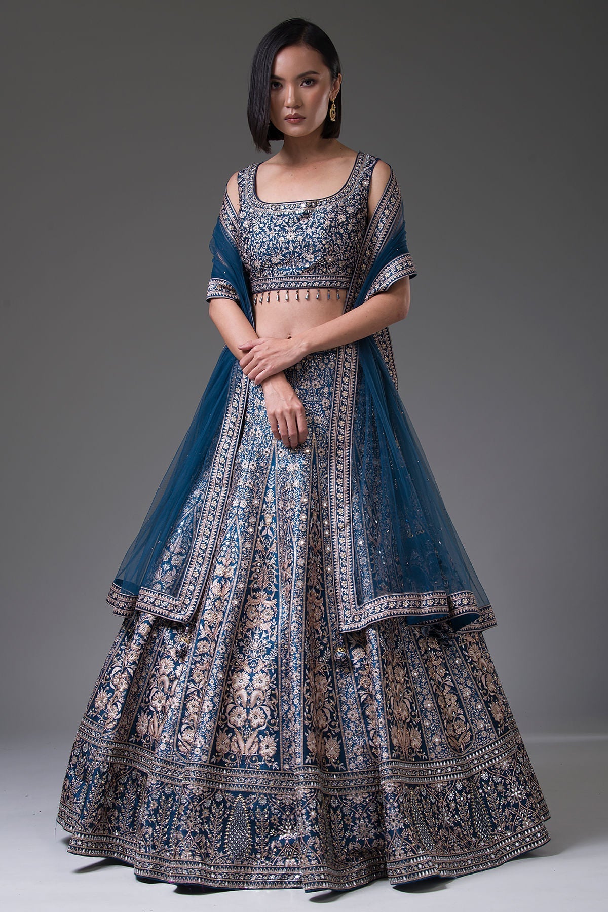 Prussian Blue Stone Embroidered Silk Bridesmaid Lehenga