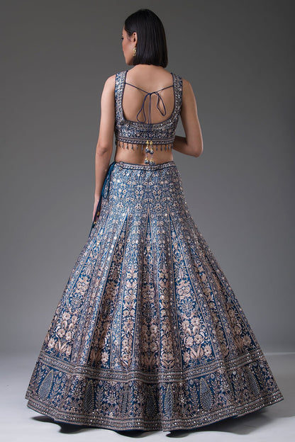 Prussian Blue Stone Embroidered Silk Bridesmaid Lehenga