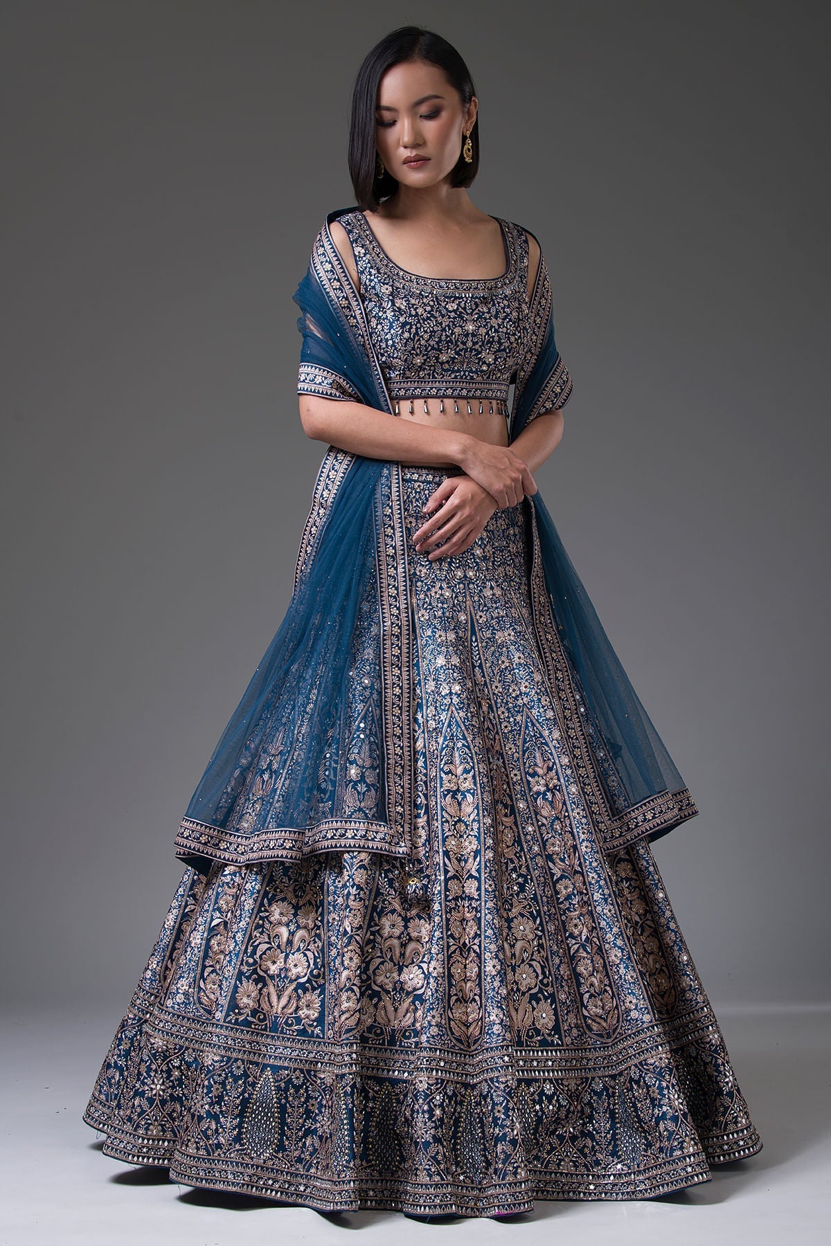 Prussian Blue Stone Embroidered Silk Bridesmaid Lehenga