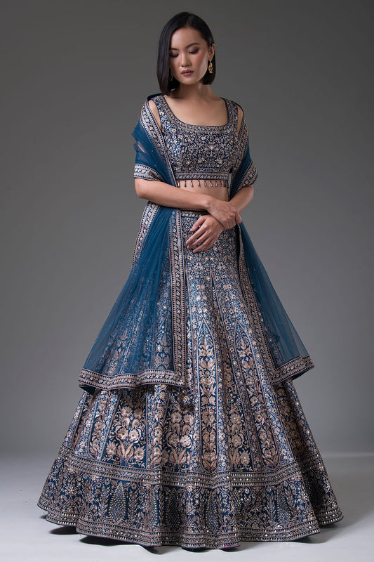 Prussian Blue Stone Embroidered Silk Bridesmaid Lehenga