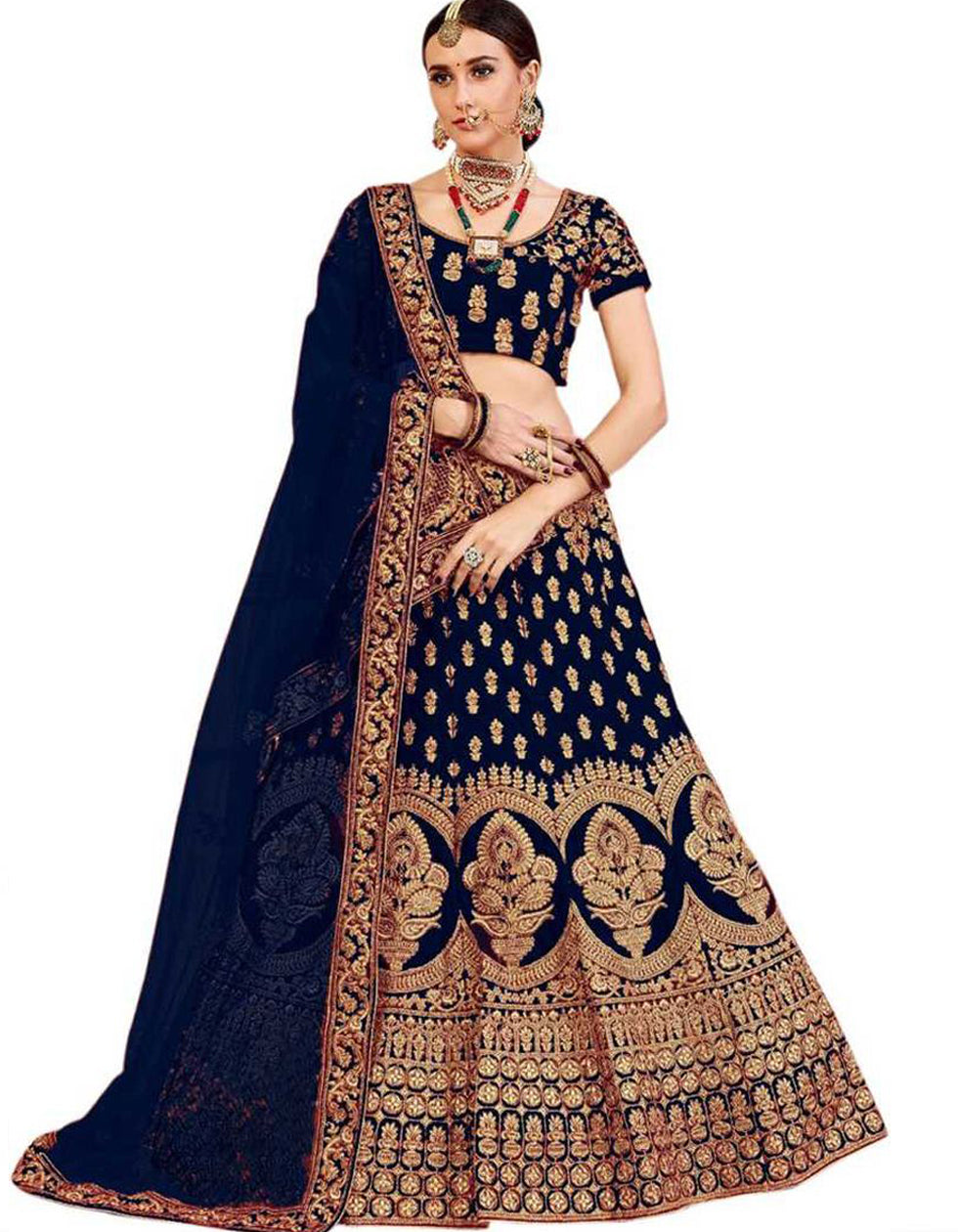 Navy Blue Satin Embroidery Wedding Wear Lehenga Choli