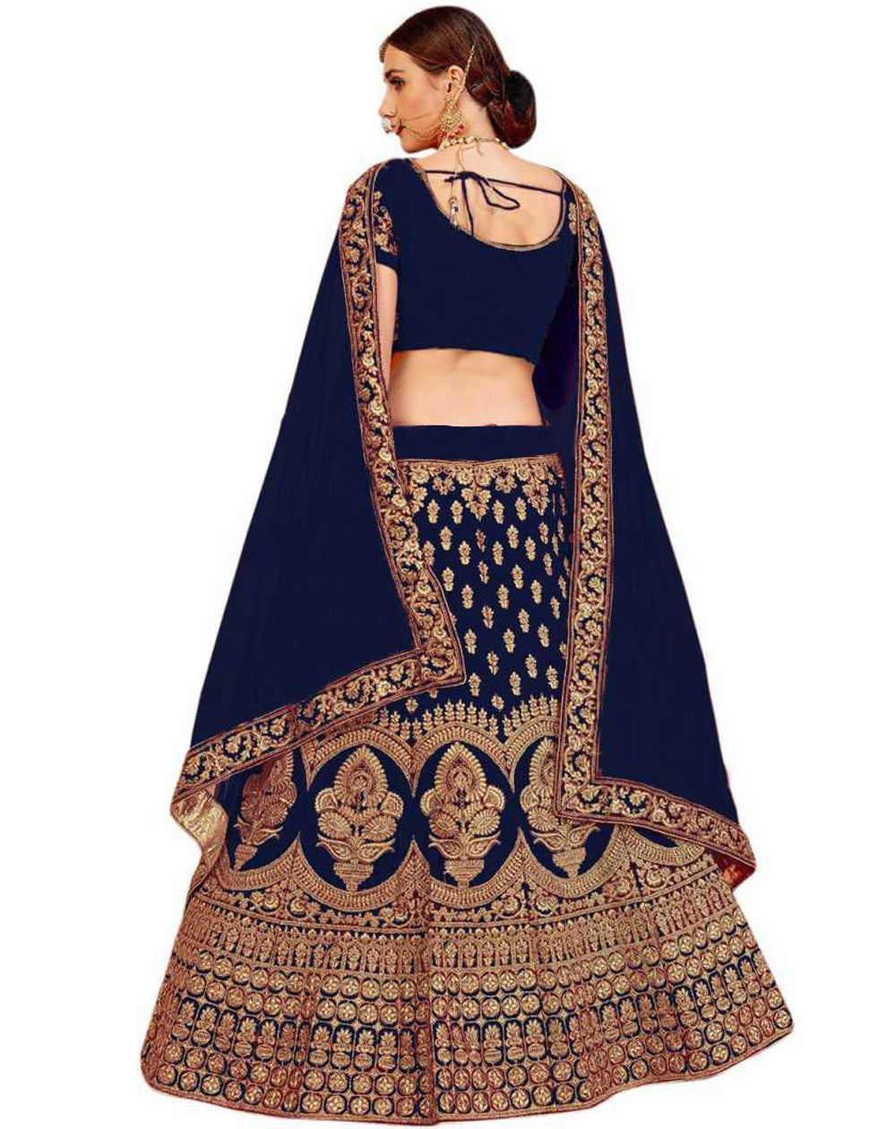 Navy Blue Satin Embroidery Wedding Wear Lehenga Choli