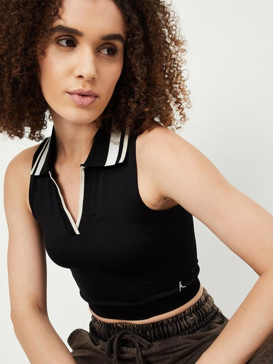 Ladies Black Collared cropped top