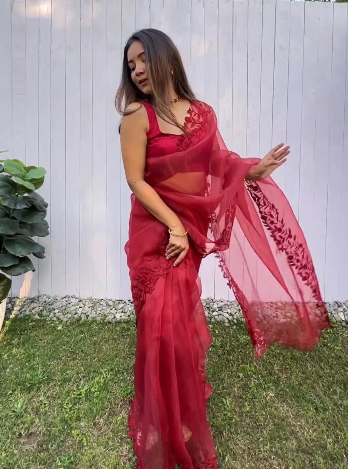 Red Organza Silk Partywear Saree