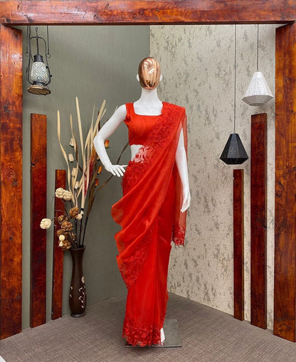 Red Organza Silk Partywear Saree