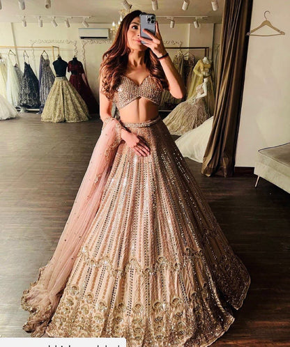 Sabyasachi Satin Silk Zigzag Printed Bridal Bollywood Lehenga Choli