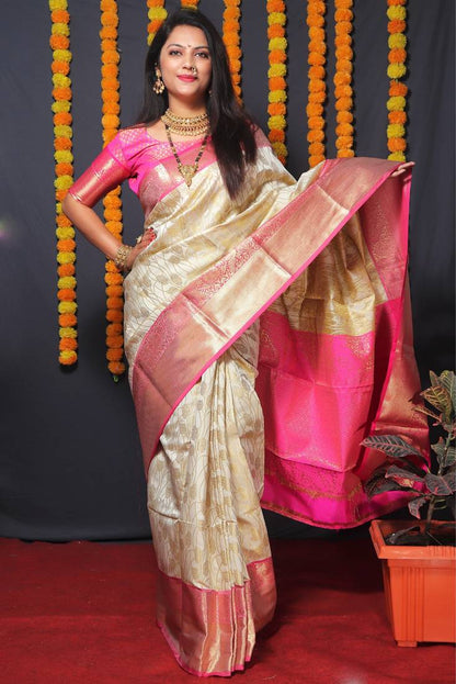 WOMEN'S OFF WHITE KANJIVARAM SILK ZARI WOVEN SAREE WITH BLOUSE