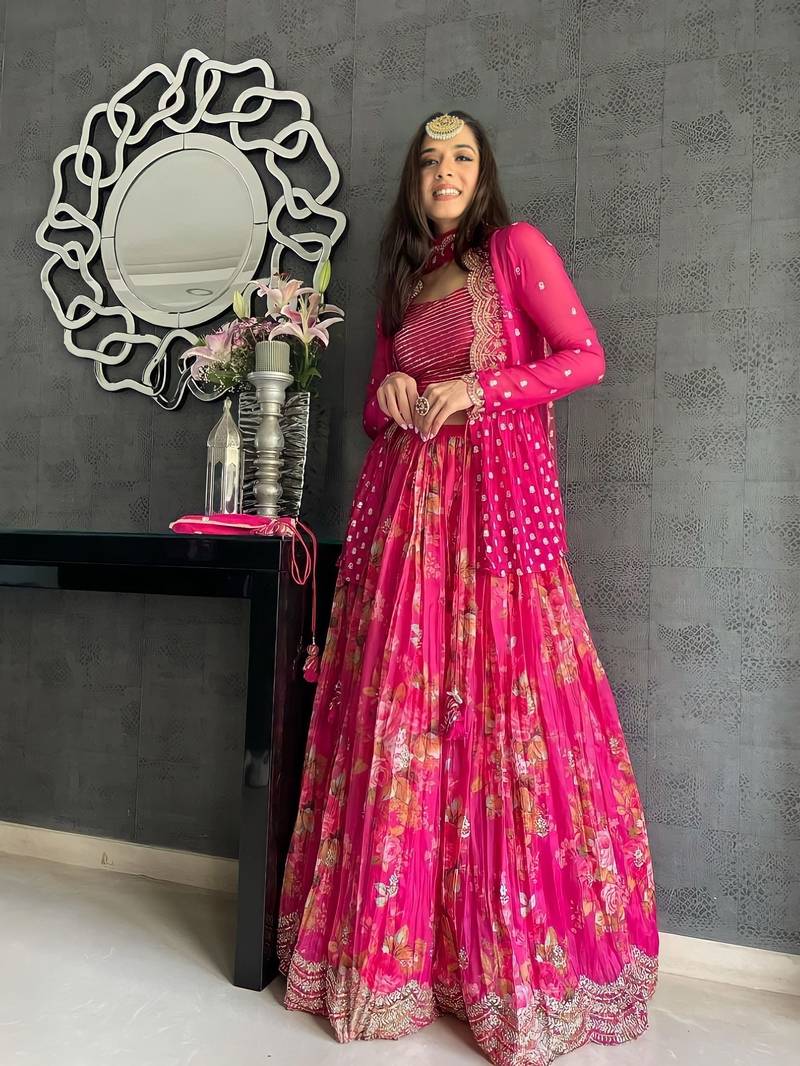 RANI-PINK ZARI GEORGETTE SEMI STITCHED LEHENGA CHOLI WITH JACKET