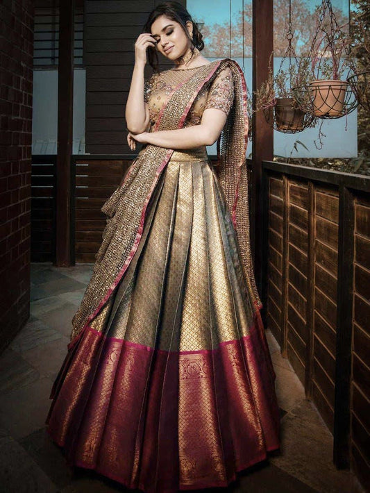 Brown Sequins Jacquard Party Wear Half Saree Lehenga