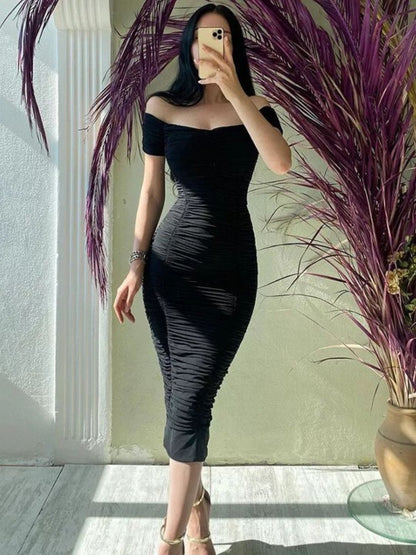 Off-Shoulder Ruched Bodycon Midi Dress