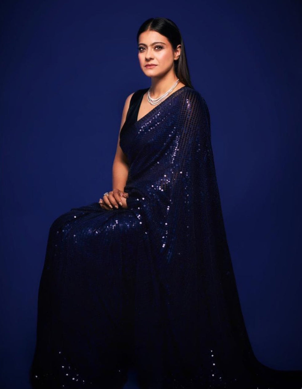 Kajol Style Navy Blue Georgette Sequin Work Saree