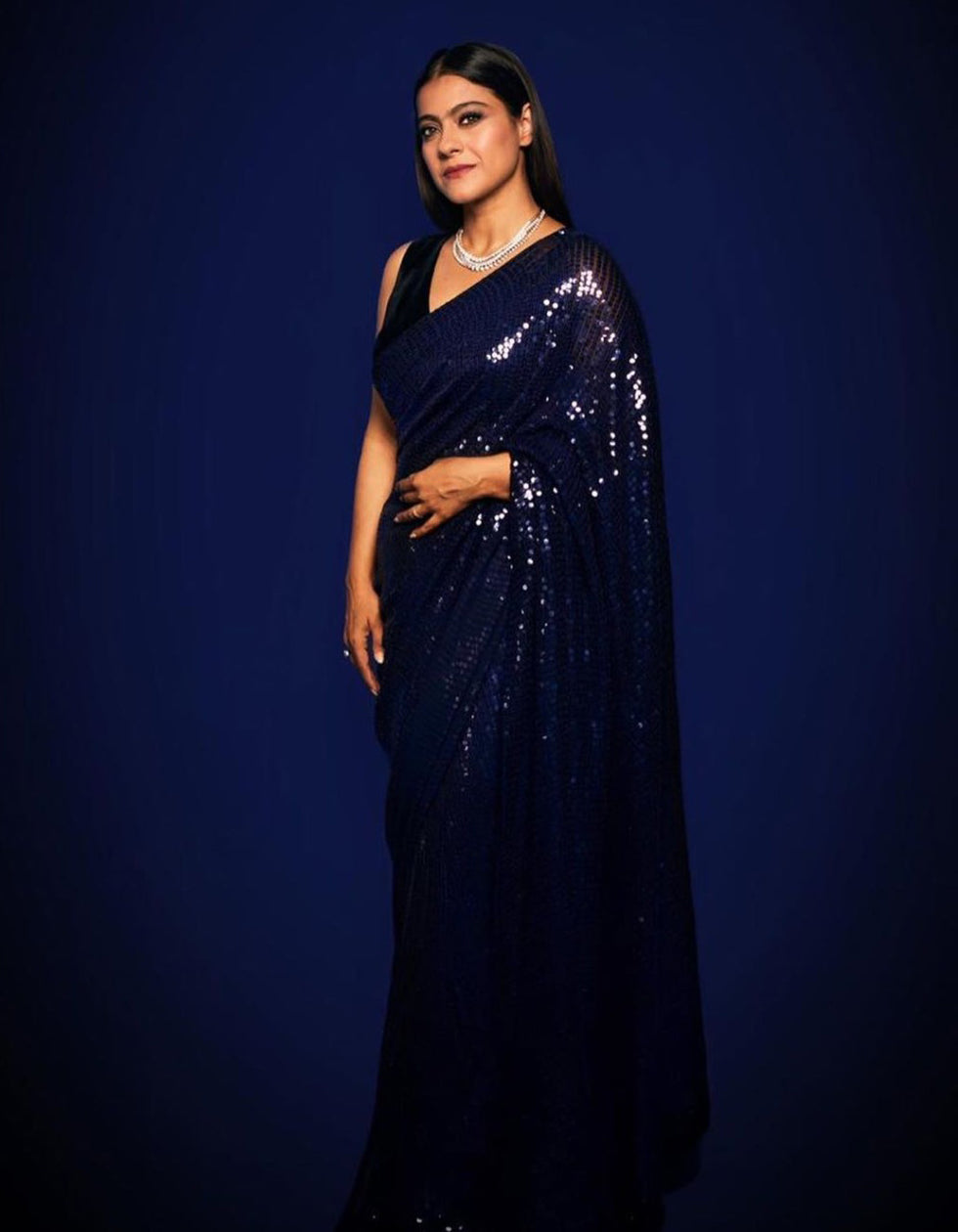 Kajol Style Navy Blue Georgette Sequin Work Saree