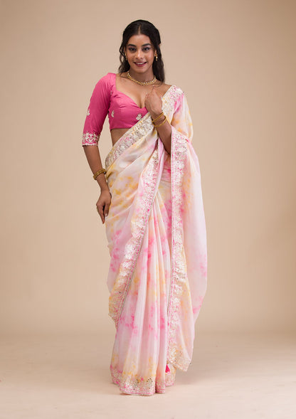 Pink Gotapatti Semi Crepe Saree