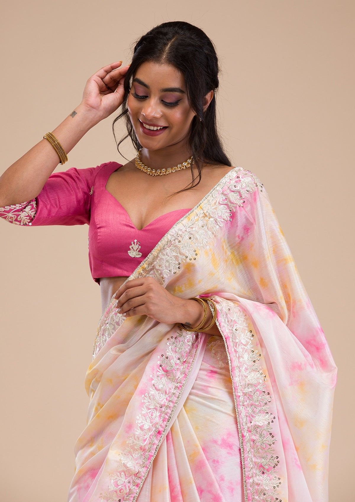 Pink Gotapatti Semi Crepe Saree