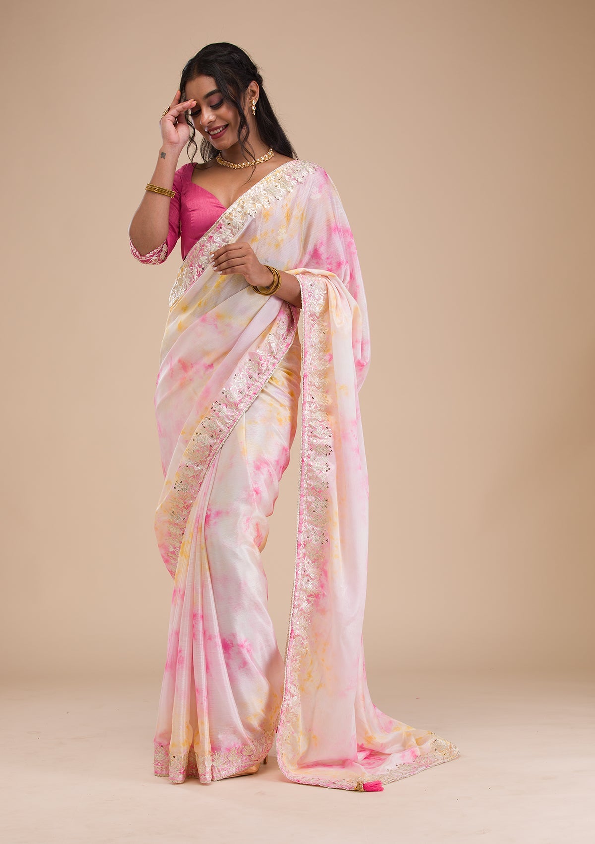 Pink Gotapatti Semi Crepe Saree