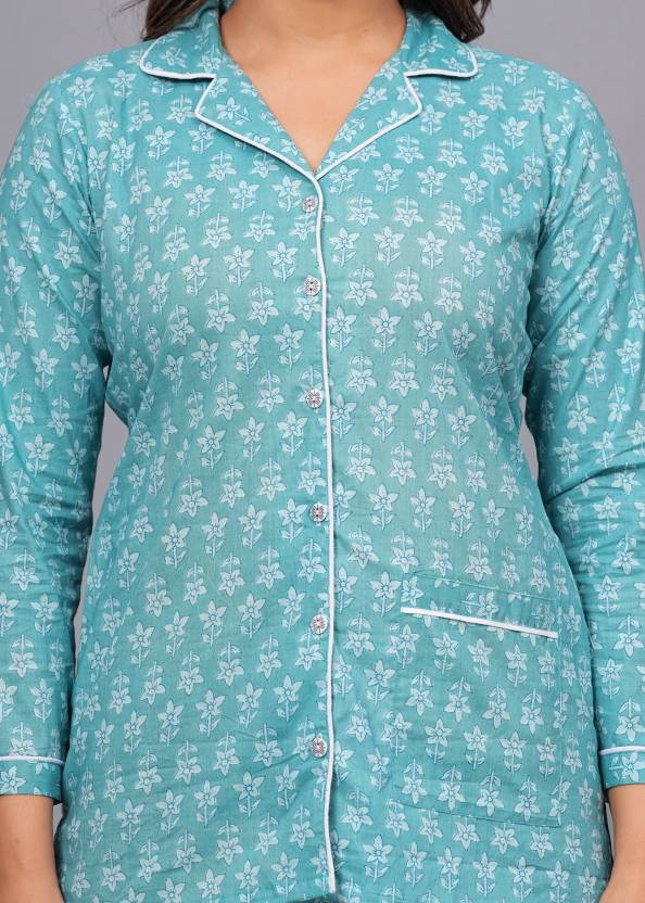 Women Shirt & Pyjama set Blue Printed