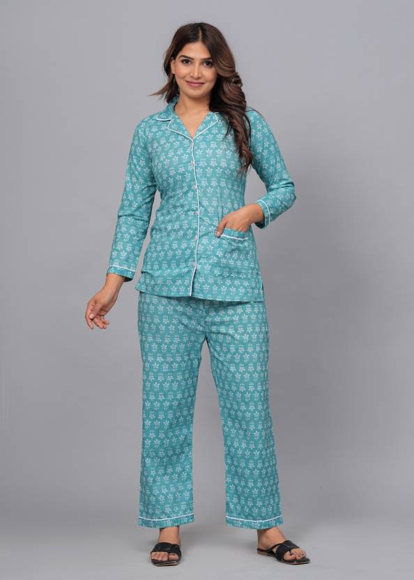 Women Shirt & Pyjama set Blue Printed