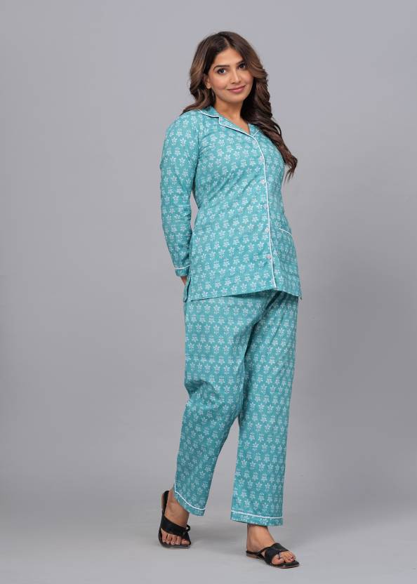 Women Shirt & Pyjama set Blue Printed