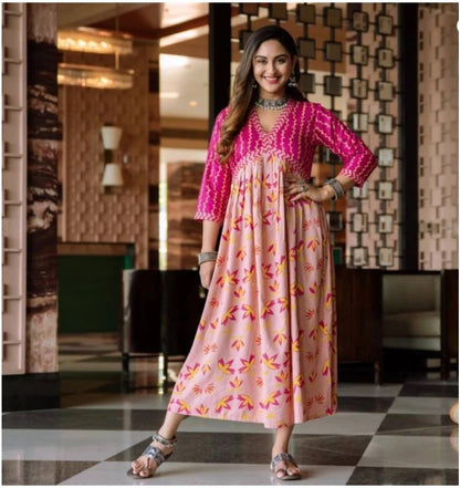 Women Floral Print Viscose Rayon A-line Kurta  (Pink, Yellow)