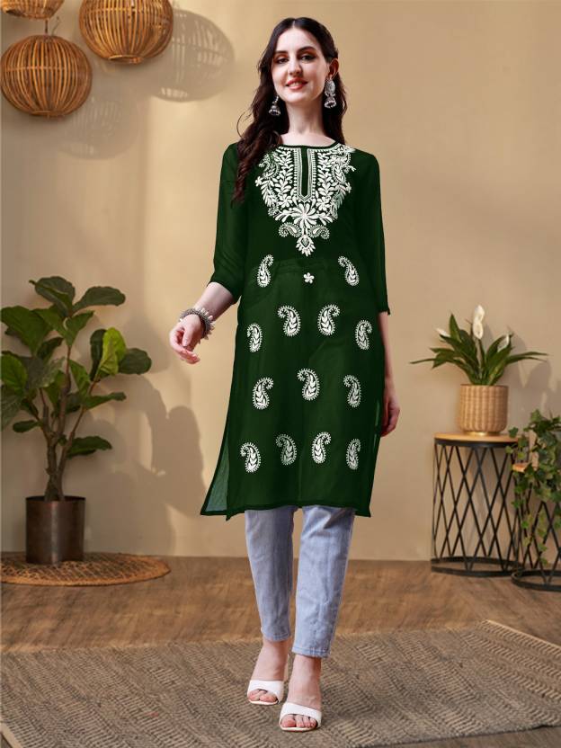 Women Chikan Embroidery Georgette Straight Kurta