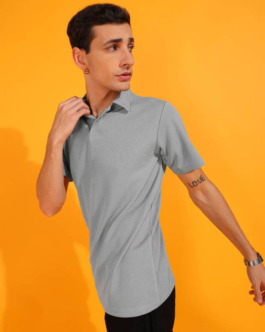 Men Self Design Polo Neck Poly Cotton Grey T-Shirt