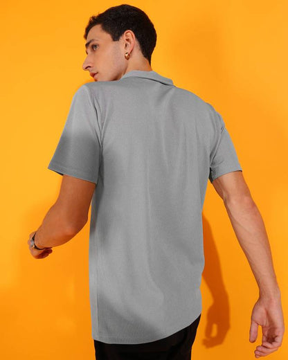 Men Self Design Polo Neck Poly Cotton Grey T-Shirt