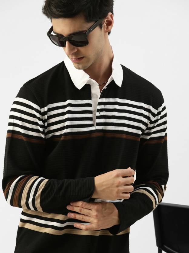 Men Striped Polo Neck Cotton Blend Black, White T-Shirt