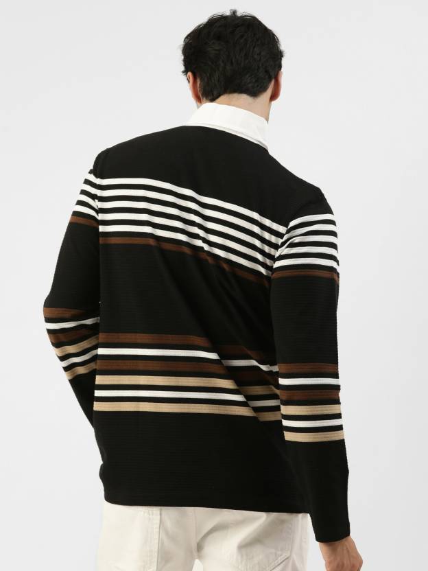 Men Striped Polo Neck Cotton Blend Black, White T-Shirt