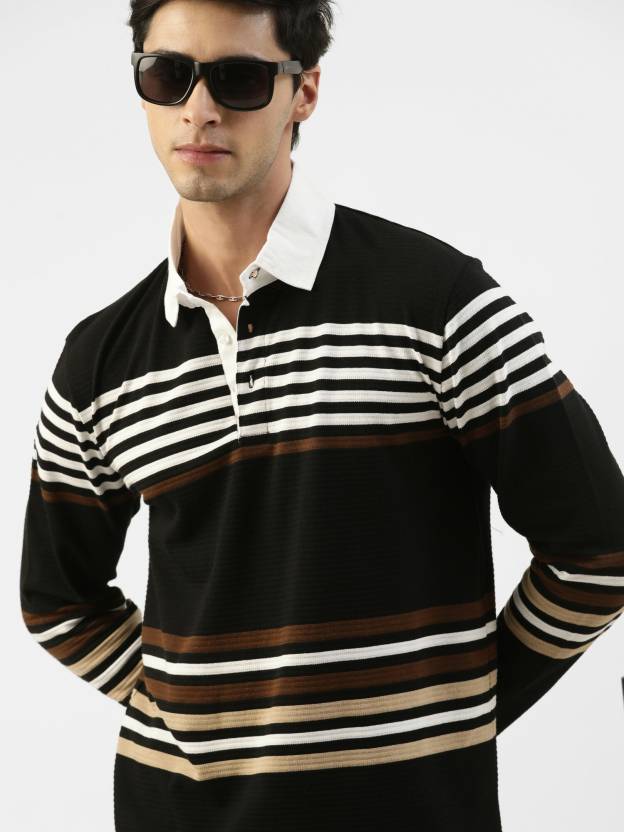 Men Striped Polo Neck Cotton Blend Black, White T-Shirt