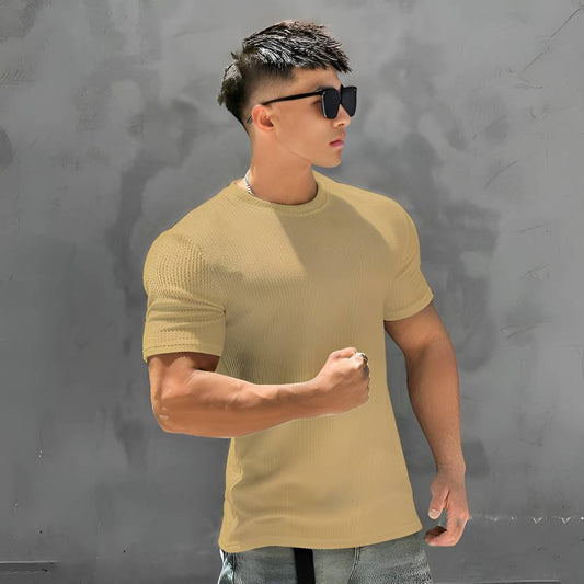 Men Solid Round Neck Polyester Beige T-Shirt