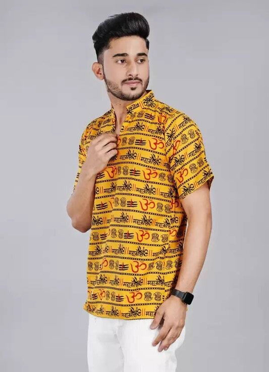 Men Typography Mandarin Collar Cotton Blend Yellow T-Shirt