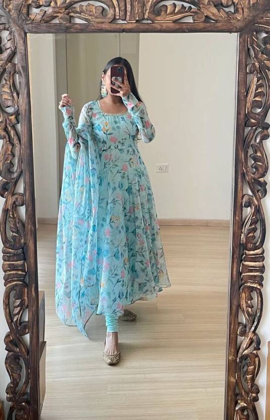 Women's Wear Sky Blue Colour Georgette Printed Flared Long Dress