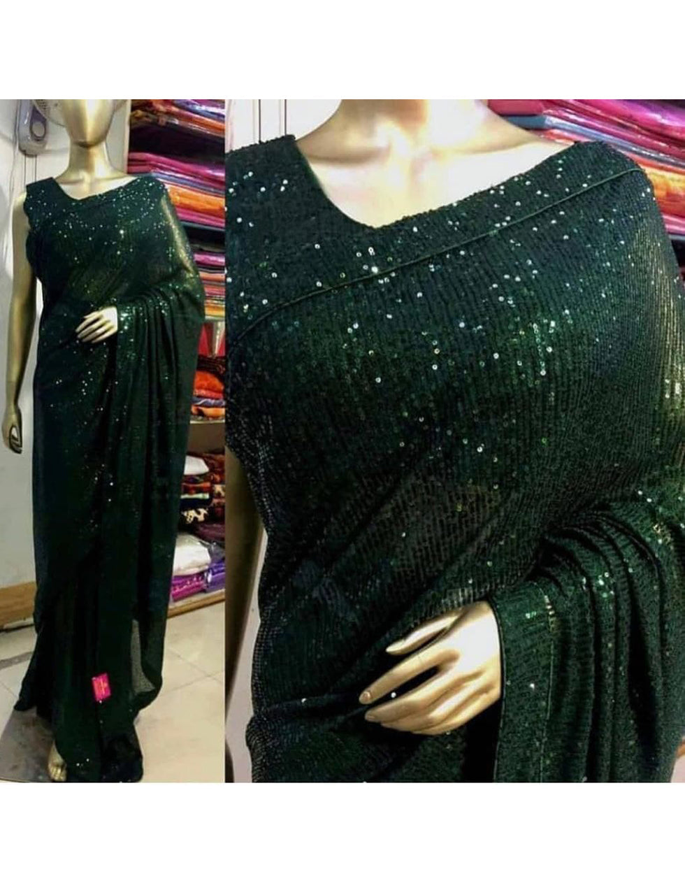 Green Georgette Sequin Work Saree