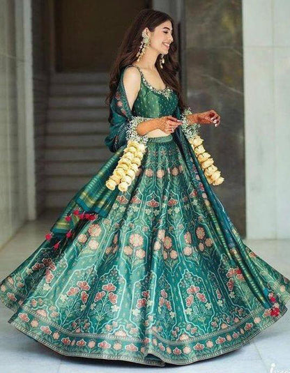 Green Silk Printed Wedding Wear Lehenga Choli