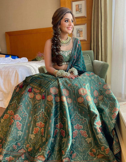 Green Silk Printed Wedding Wear Lehenga Choli