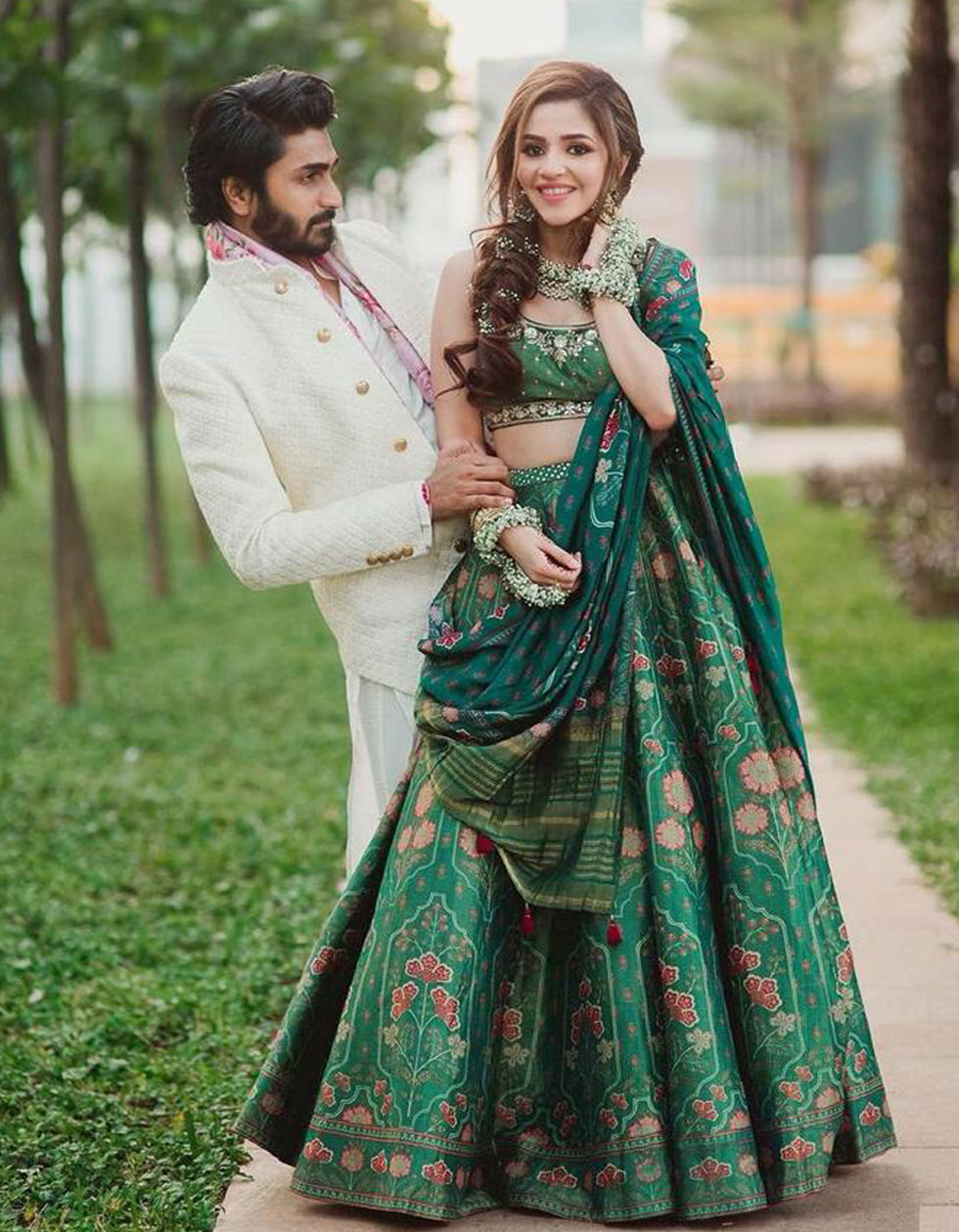 Green Silk Printed Wedding Wear Lehenga Choli