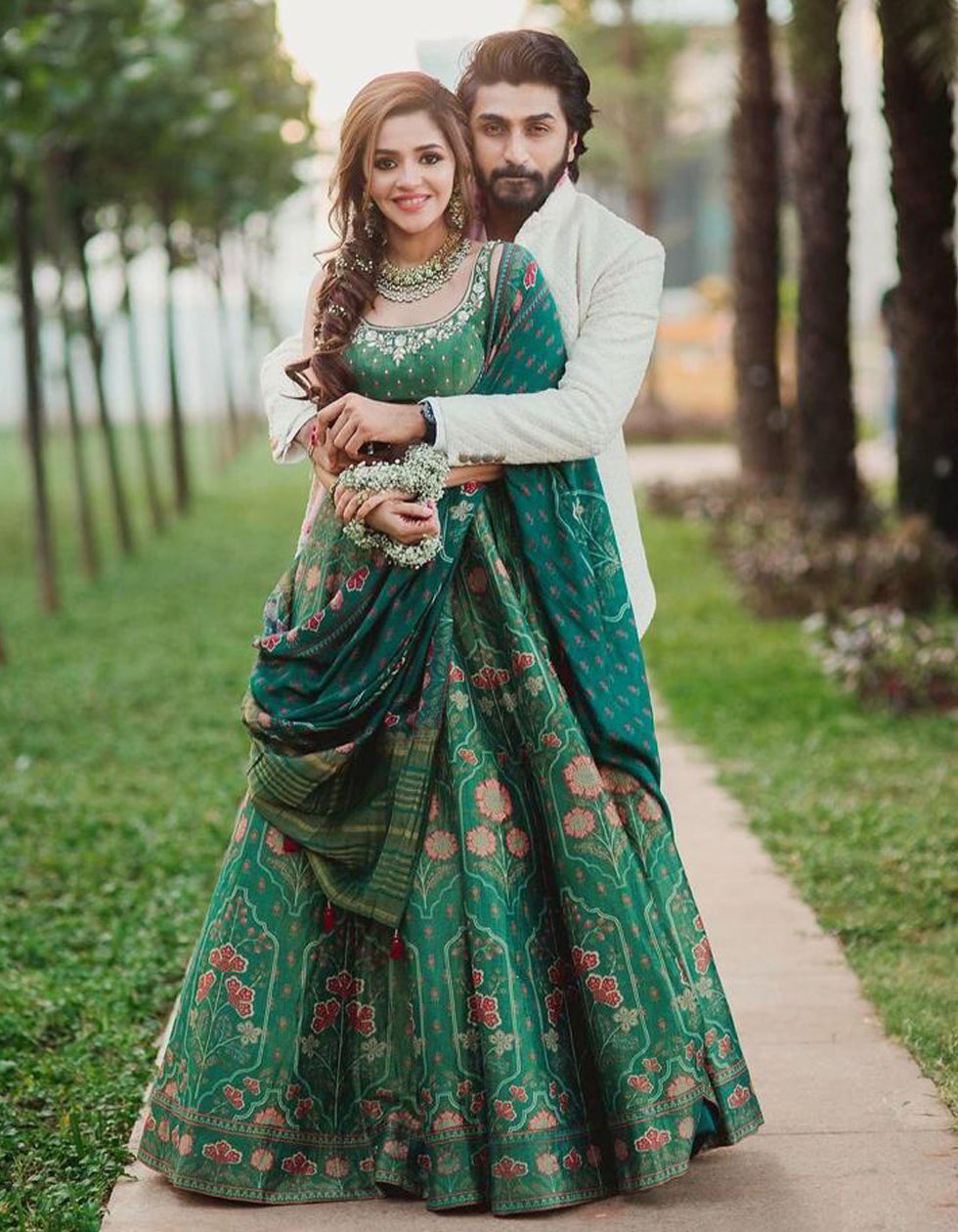 Green Silk Printed Wedding Wear Lehenga Choli