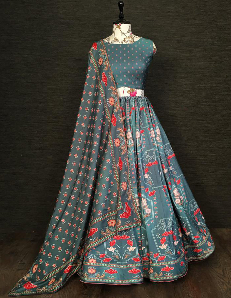 Green Silk Printed Wedding Wear Lehenga Choli