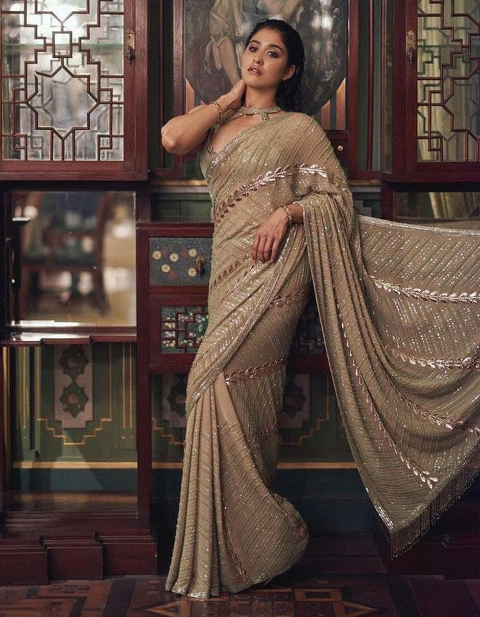 Light Brown Georgette Sequin Work Saree