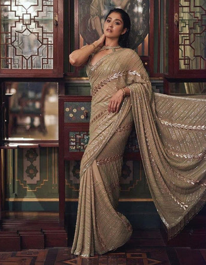 Light Brown Georgette Sequin Work Saree