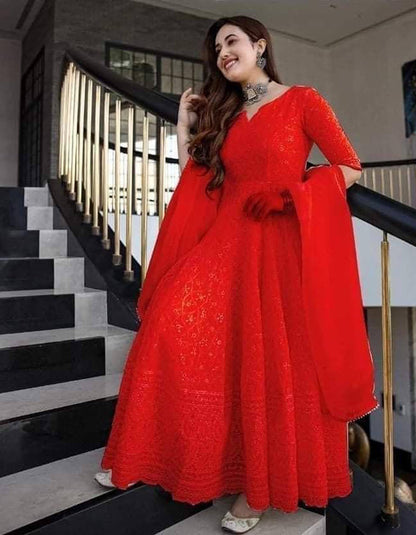 Red Georgette Chain Work Partywear Anarkali Suit