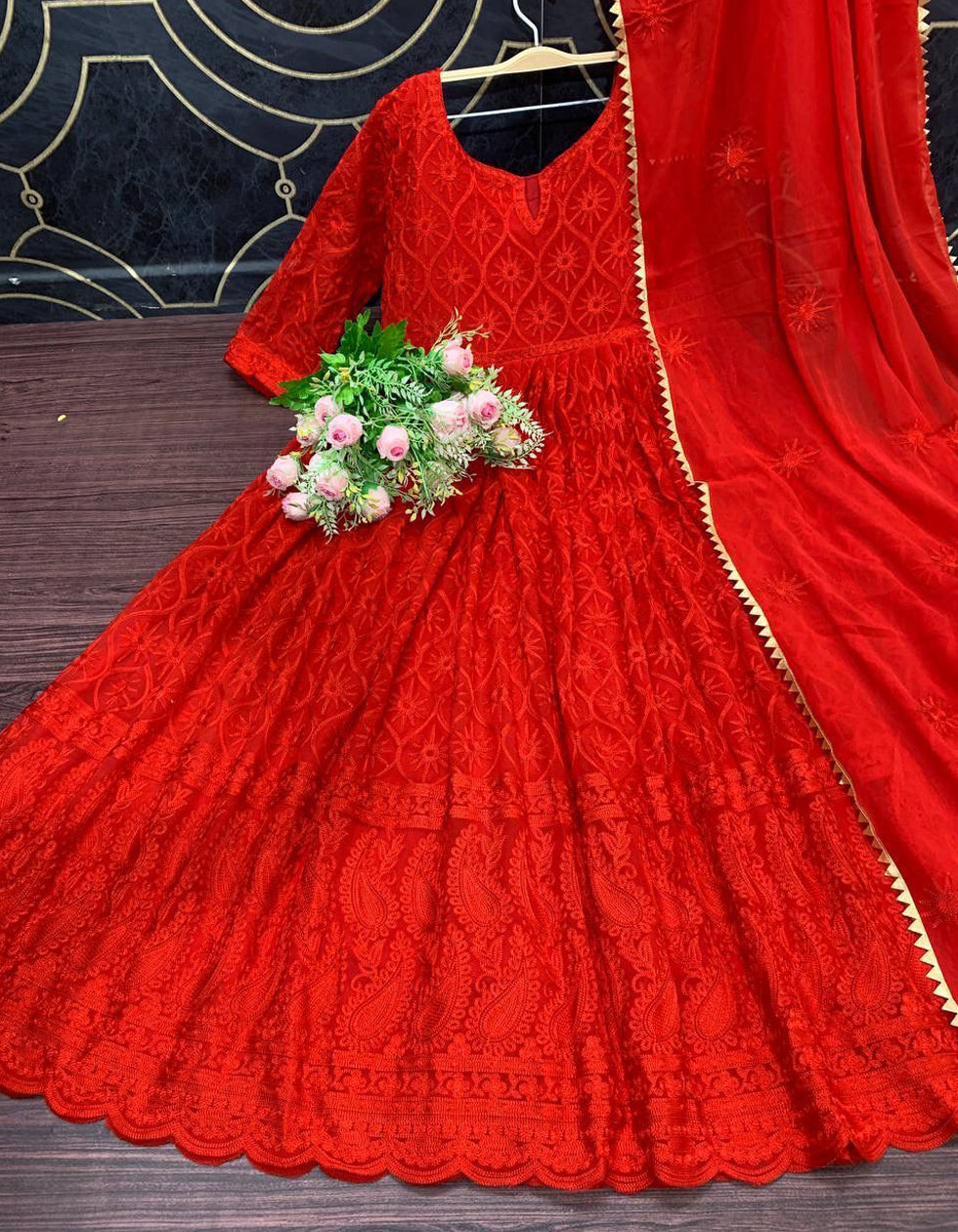 Red Georgette Chain Work Partywear Anarkali Suit