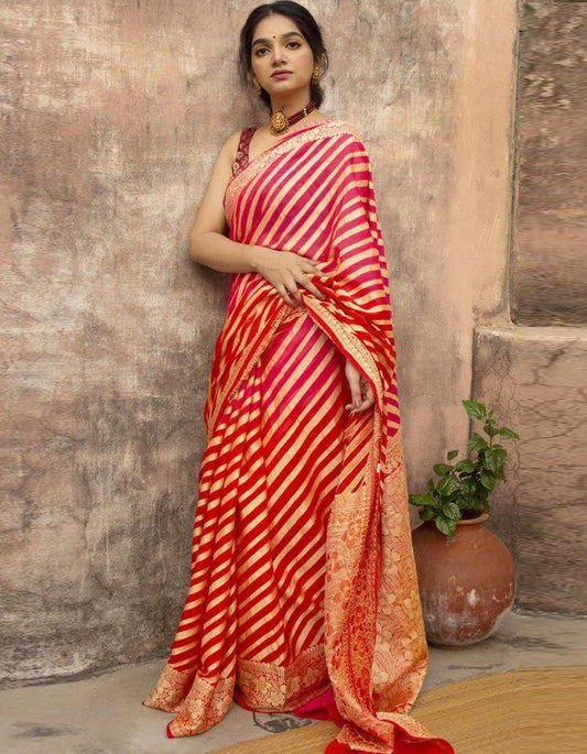 Red Lichi Silk Stripped Pattern Saree