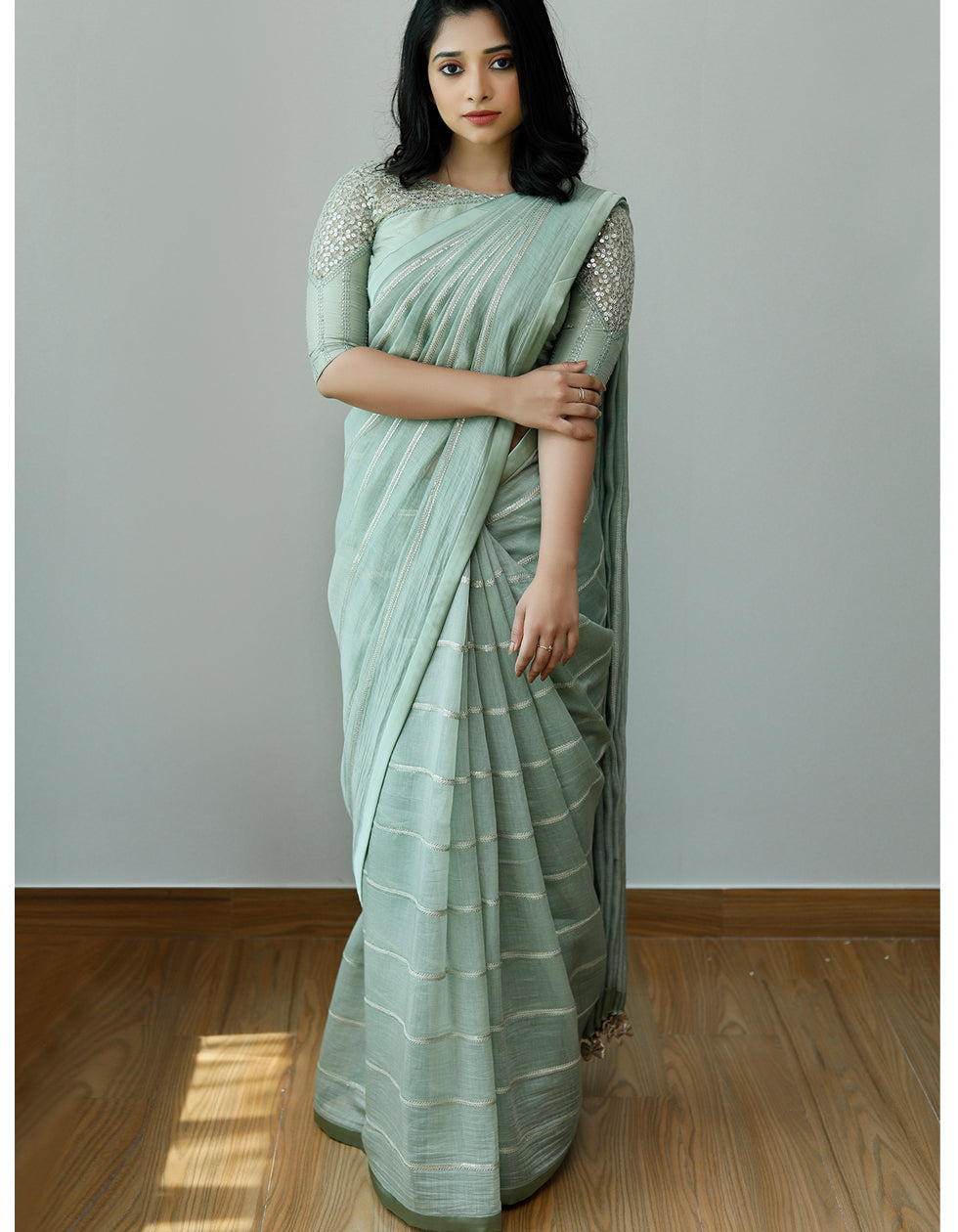 Light Green Dola Silk Sequin Partywear Saree With Designer Blouse