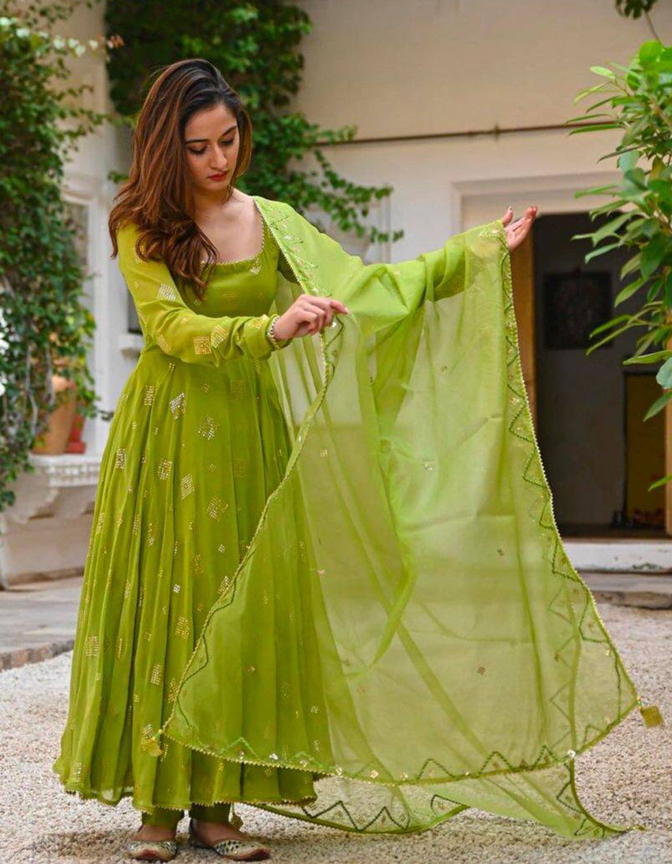 Light Green Georgette Embroidery Partywear Gown