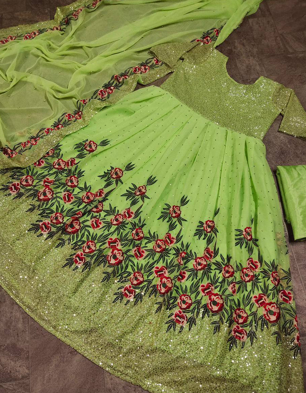 Light Green Georgette Embroidery Partywear Gown